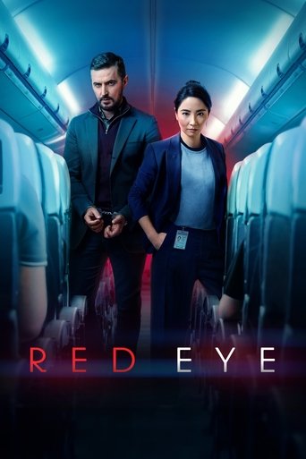 The poster features two men in dark suits walking down an airplane aisle, with one holding a phone and the other looking serious. The cool blue lighting and metallic seats create a tense, suspenseful atmosphere. The title "RED EYE" is prominently displayed at the bottom in bold red letters.