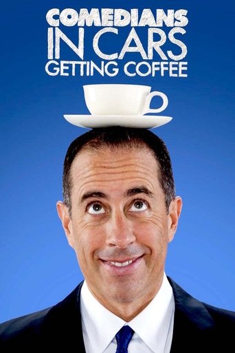 The poster features a man in a suit with a coffee cup balanced on his head, set against a blue background. The title "Comedians in Cars Getting Coffee" is prominently displayed at the top. The mood is humorous and lighthearted, capturing the essence of a comedic sketch.