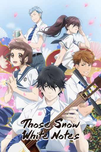 The poster features a vibrant ensemble of anime characters in school uniforms, set against a dreamy, pastel-colored sky with floating snowflakes. The mood is whimsical and cheerful, capturing the essence of a magical winter wonderland. The title "Those Snow White Notes" is prominently displayed i...