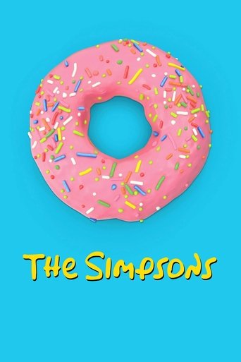 The image features a cheerful, oversized pink donut with colorful sprinkles against a bright blue background. The playful design suggests a fun, lighthearted tone, perfectly capturing the whimsical spirit of "The Simpsons."