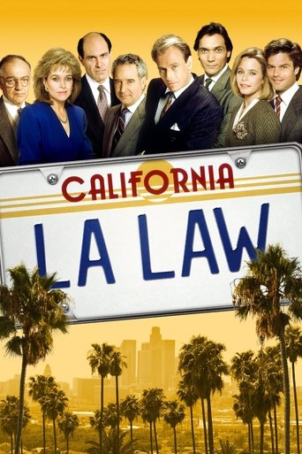 The poster features a group of diverse characters in formal attire against a warm, golden backdrop. The title "California LA Law" is prominently displayed in bold lettering, evoking a sense of authority and legal drama. Palm trees and a city skyline suggest a vibrant, sunny Los Angeles setting, c...