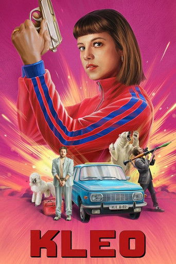 A vibrant pink and purple poster features a determined young woman in a red tracksuit holding a gun, surrounded by dramatic energy effects. Below her, a blue car and three figures—two men and a woman—add to the action-packed atmosphere. The bold red title "KLEO" anchors the image, evoking a sense...