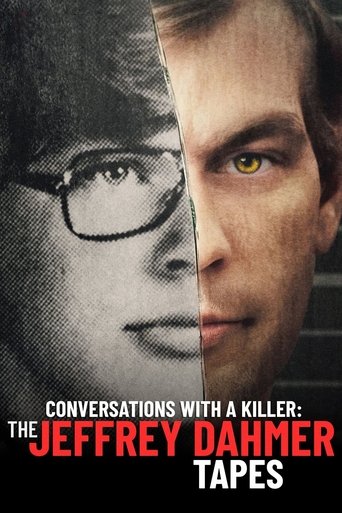The poster features a split face, one showing a man with glasses and the other a man with green eyes, creating a haunting and mysterious atmosphere. The dark tones and shadowy figures evoke a sense of horror and suspense, while the bold red text "Jeffrey Dahmer Tapes" stands out against the muted...