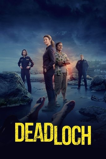 The poster features four characters standing on a rocky shore under a stormy, ominous sky. The title "DEADLOCH" is prominently displayed in bold yellow letters at the bottom. The mood is tense and foreboding, suggesting a supernatural or horror theme.