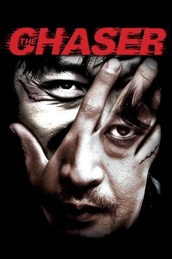 The Chaser poster features a close-up of a man's intense face, with his hand covering his eyes in a gesture of fear or determination. The bold red title "THE CHASER" dominates the top against a stark black background, creating a dramatic and suspenseful atmosphere.