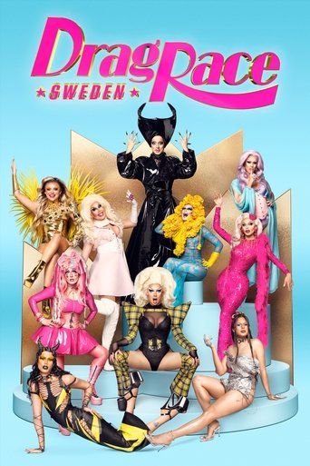 The vibrant poster showcases a dynamic lineup of drag queens in colorful costumes, exuding confidence and energy against a bright blue backdrop. The playful and glamorous aesthetic captures the essence of the show's entertainment-focused spirit.