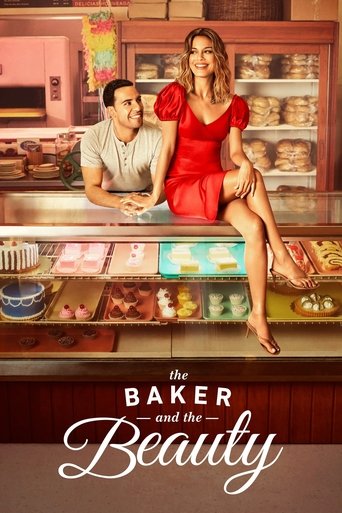 The poster features a couple in a warm bakery setting, with the man in a white shirt and the woman in a red dress. The cozy, inviting atmosphere is enhanced by the warm lighting and the colorful assortment of pastries and baked goods displayed on the counter. The title "The Baker and the Beauty" ...