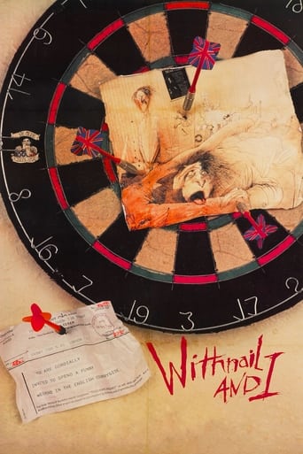 The poster features a dramatic scene with two figures in a tense, emotional pose against a dark background. The colors are muted and earthy, with warm tones that evoke a sense of nostalgia and melancholy. The title "Withnail & I" is prominently displayed in bold, red lettering, adding a striking ...