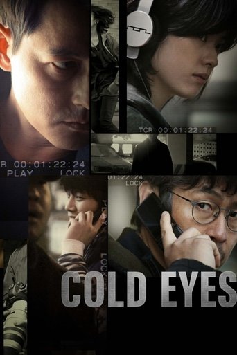 The poster features four intense close-ups of characters in dimly lit, moody scenes. The muted color palette—dark shadows, grays, and blacks—creates a somber, suspenseful atmosphere. The title "COLD EYES" is prominently displayed in bold white letters at the bottom, emphasizing the film's thrille...