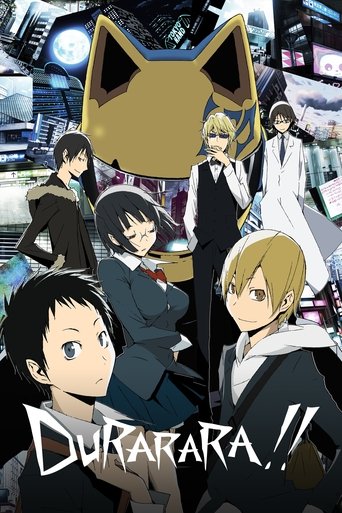 This anime poster features a dynamic group of characters in a futuristic city setting, with vibrant colors like gold, blue, and white creating an energetic atmosphere. The title "Durarara!!" is prominently displayed in bold, stylized text at the bottom, suggesting a thrilling and adventurous narr...