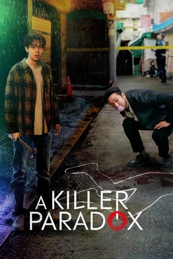 The poster features two characters in a gritty urban alleyway, one standing and one crouching, with a dark, ominous mood. The colors are muted, with earthy tones and shadows enhancing the suspenseful atmosphere. The title "A Killer Paradox" is prominently displayed in bold, white letters.