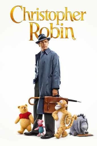 This movie poster features a man in a blue coat and hat standing beside Winnie the Pooh, Piglet, and other characters. The warm, nostalgic colors evoke a sense of childhood nostalgia and friendship.