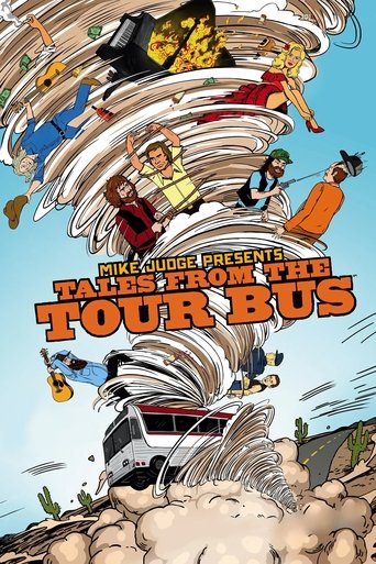 A chaotic scene from "Mike Judge Presents: Tales from the Tour Bus" features colorful, animated characters in motion against a swirling background. The poster captures the comedic energy of the show with dynamic poses and vibrant colors, conveying a sense of adventure and humor.