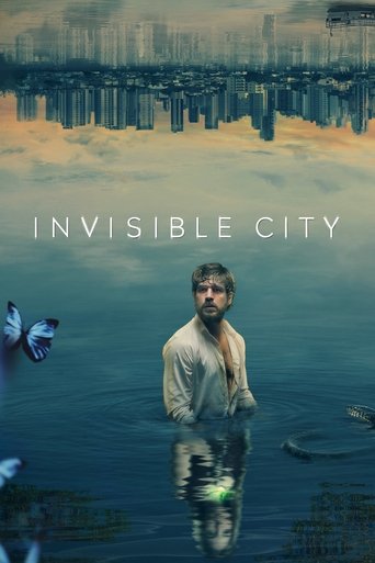 The poster features a man standing in a serene, reflective body of water, with his reflection mirrored above him. The sky is painted with warm, golden hues, while the water reflects the city skyline below. A butterfly flutters near the left edge, adding a touch of whimsy. The mood is tranquil yet...
