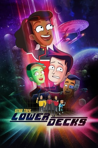 The poster features four animated characters in a vibrant, cosmic scene with deep purples, blues, and greens. The characters exude a playful, adventurous mood as they stand against a backdrop of space and stars. The title "Star Trek: Lower Decks" is prominently displayed at the bottom in bold, me...
