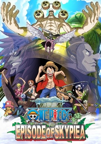 The poster features a vibrant scene with Monkey D. Luffy at the center, surrounded by other characters in dynamic poses. The background showcases dramatic sky colors and fantastical elements like a dragon-like creature and a large bird. The overall mood is adventurous and energetic, capturing the...