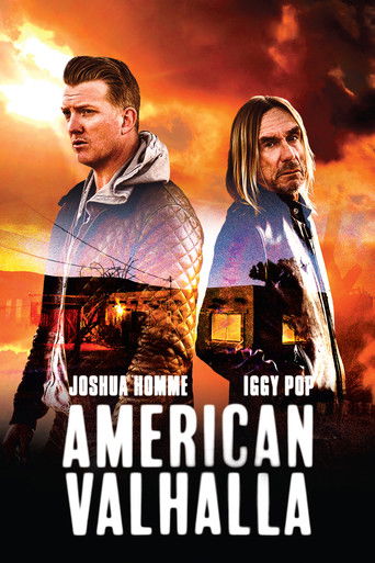The poster features two men, one with short hair and the other with long hair, set against a dramatic sunset. The title "American Valhalla" is prominently displayed in bold white letters at the bottom. The overall mood is intense and adventurous, suggesting a thrilling action or thriller movie.