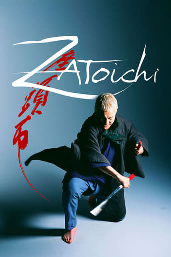 The poster features a determined man in a black robe and blue pants, holding a sword poised mid-motion against a gradient background. The title "Zatoichi" is prominently displayed in bold, stylized white lettering with red accents. The overall mood is intense and heroic, capturing the spirit of t...