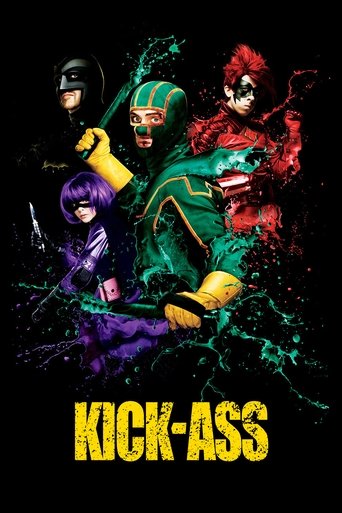 The poster features four action-ready characters in dynamic poses against a dark background, with vibrant colors like green, red, and purple. The bold yellow text "KICK-ASS" anchors the image, conveying an energetic and rebellious mood.