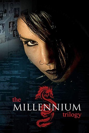 The poster features a haunting close-up of a woman with dark hair and piercing eyes, set against a dark, moody background. The title "Millennium" is prominently displayed in bold white letters, with a striking red dragon emblem beneath it. The overall atmosphere is eerie and suspenseful, evoking ...