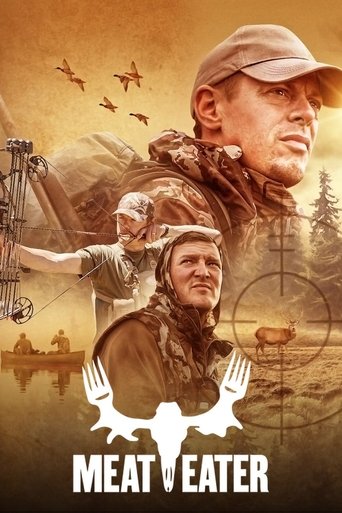 This TV show poster features a rugged soldier in a cap and camouflage uniform, exuding a serious and intense mood. The background includes a serene landscape with birds flying and a tranquil lake, contrasting with the gritty military theme. The title "MeatEater" is prominently displayed at the bo...