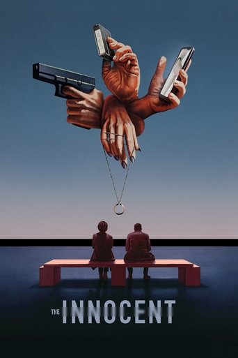 The poster depicts a surreal scene where two figures sit on a bench against a dark, moody backdrop. Above them, a giant hand holds three guns and two smartphones, symbolizing chaos and control. The muted tones and shadowy atmosphere convey a sense of mystery and tension, hinting at themes of just...