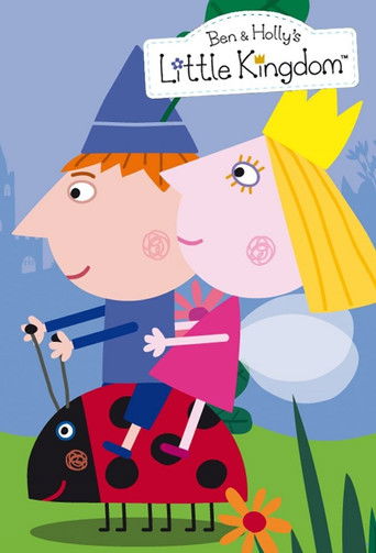 Ben and Holly, dressed as royalty, ride a ladybug on a whimsical green hill. Their vibrant pink dresses, blue hats, and sunny yellow hair evoke a cheerful, magical atmosphere. The playful illustration captures the charming essence of the beloved children's show.