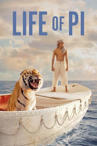 The poster features a serene tropical scene with a tiger and a man in a boat, evoking a sense of adventure and survival. The warm colors and tranquil atmosphere suggest a heartwarming story of resilience and connection.