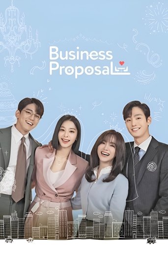 The poster features four professionals in formal attire against a light blue background with subtle office sketches. The warm tones of their suits and the soft pastel pink of the woman in the center create a professional yet inviting atmosphere. The title "Business Proposal" is prominently displa...