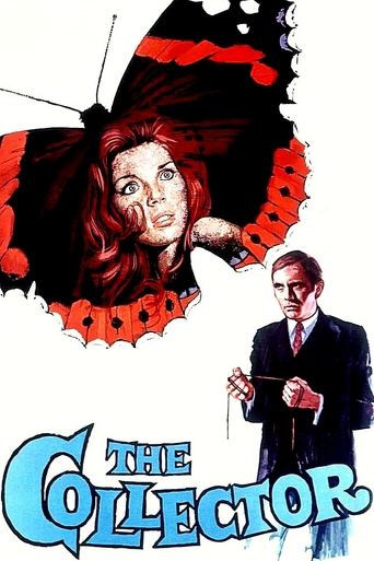 The poster features a dramatic scene with a woman in a red dress surrounded by a butterfly-like shape, while a man in a suit stands confidently in the foreground. The bold blue title "The Collector" dominates the bottom, evoking mystery and intrigue.