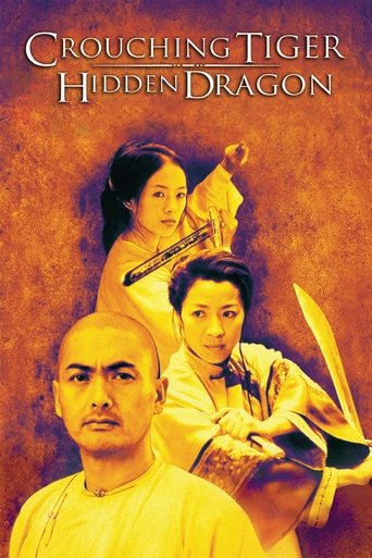 The poster features three characters in traditional Chinese attire against a warm, golden background. The title "Crouching Tiger, Hidden Dragon" is prominently displayed at the top. The mood is mysterious and dramatic, suggesting a classic martial arts film.