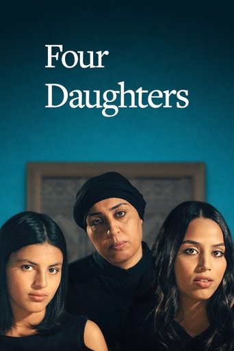 The poster features three women in black against a teal background, evoking a somber and mysterious mood. The title "Four Daughters" is prominently displayed in white text, hinting at a dramatic narrative.