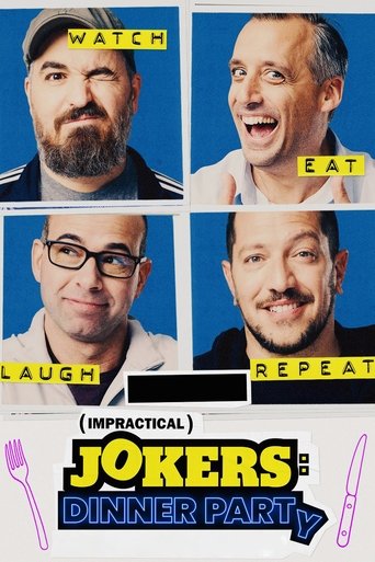 This humorous poster features four men in a grid, each with exaggerated expressions of laughter or surprise. The vibrant blue background contrasts with the men's colorful attire, creating a lively and comedic atmosphere. The bold, playful typography and bright colors evoke a sense of fun and absu...