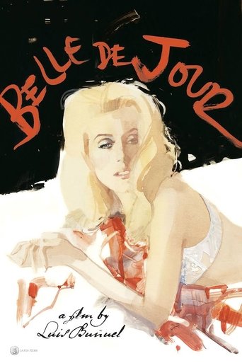 The poster features a glamorous blonde woman in a white dress, exuding elegance against a black background. The title "Belle de Jour" is written in bold red letters, suggesting a romantic or dreamy atmosphere. The overall mood is one of timeless beauty and allure.