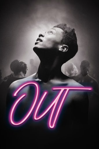 The poster features a man with a contemplative expression, his head tilted back against a dark, moody background. The word "OUT" glows in vibrant pink neon, creating a striking contrast with the shadowy figures in the background. The overall mood is mysterious and introspective, suggesting themes...