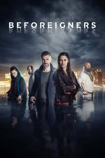 The poster features a dramatic, moody scene with four characters standing on a reflective surface under a stormy sky. The muted tones and dark atmosphere evoke a sense of mystery and tension, hinting at the show's thriller genre.