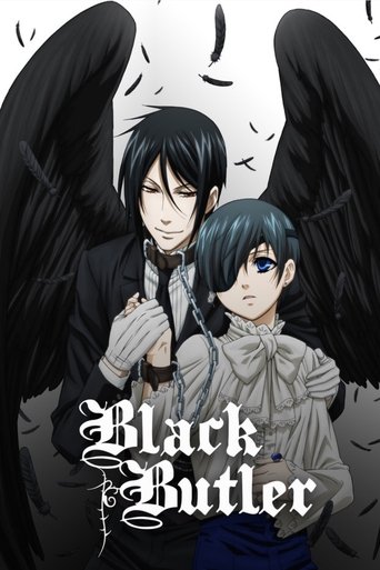 The poster features two characters with black wings, one in a dark suit and the other in a gray coat, set against a stark white background. The mood is mysterious and dramatic, with the title "Black Butler" prominently displayed in an elegant, gothic font.