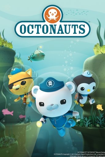 The poster features three octonauts in colorful, playful poses against a vibrant underwater backdrop. The bright blue and green hues create a cheerful, adventurous mood, while the skull emblem adds a touch of humor.