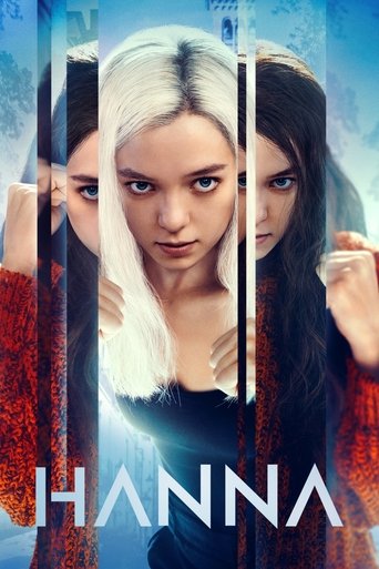 The poster features three women with intense, serious expressions, framed by vertical bars that create a sense of mystery and intrigue. The color palette is dominated by cool blues and whites, evoking a mysterious and slightly eerie atmosphere. The word "HANNA" is prominently displayed in bold, w...