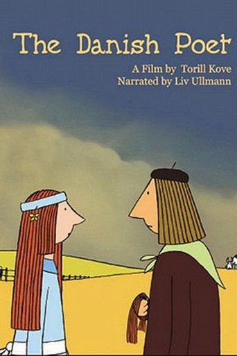 The Danish Poet poster features two figures in a pastoral scene against a muted sky. One person wears a blue dress with a white headband, while the other dons a brown robe and black hat. The warm yellow background contrasts with the cool blue tones, creating a serene yet timeless atmosphere.