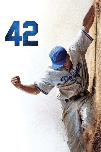 The movie poster features a baseball player mid-pitch, wearing a gray uniform with "Dodgers" written on the back. The number "42" is prominently displayed in blue against a light background, suggesting a significant milestone. The dynamic pose and energetic colors evoke excitement and anticipatio...