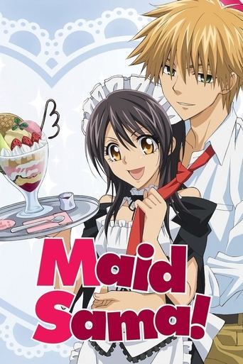 The poster features a romantic couple in a white maid uniform, with the title "Maid Sama!" prominently displayed in bold red letters. The background is filled with soft pastel colors and heart motifs, evoking a sweet and dreamy atmosphere. The overall mood is one of affection and romance, capturi...