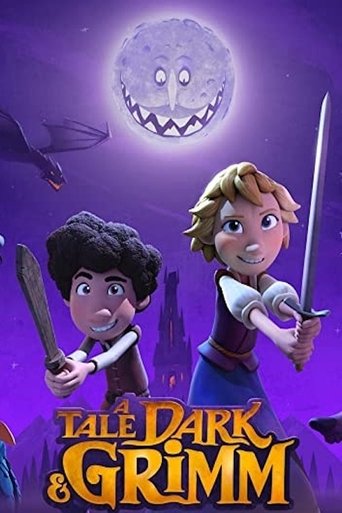 The poster features two animated characters, a boy with dark hair and a girl with blonde hair, holding swords against a moonlit purple background. A ghostly face floats above them, and a bat flies nearby. The title "A Tale Dark & Grimm" is prominently displayed in bold, golden letters. The overal...