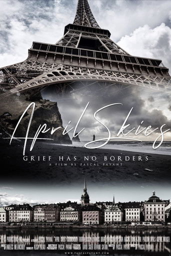 The poster features a dramatic, sepia-toned view of the Eiffel Tower against a cloudy sky, with a lone figure standing in the foreground. The title "April Skies" is elegantly written in cursive, and the tagline "Grief has no borders" hints at the film's melancholic tone.
