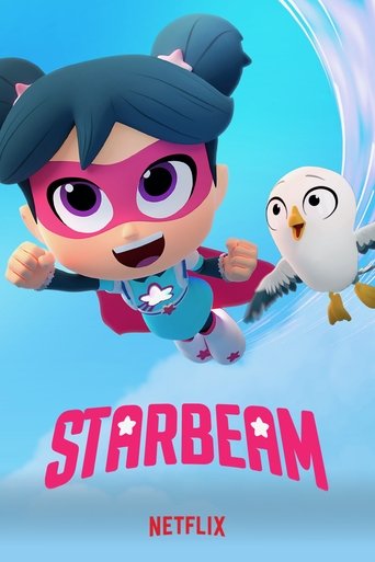 The vibrant poster features a cheerful girl in a pink superhero costume soaring through a bright blue sky, accompanied by a friendly bird. The playful, energetic mood is conveyed through the dynamic pose and colorful design, inviting viewers to explore the fun world of StarBeam.