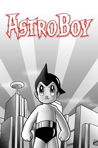 The poster features a young boy with dark hair and a determined expression, standing confidently against a stylized city skyline. The bold, red "Astro Boy" title dominates the top, while the background radiates with dramatic light beams, suggesting energy and adventure. The monochrome palette emp...