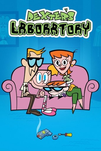 The poster features Dexter and his friends on a pink couch against a blue background, creating a playful yet mysterious atmosphere. Dexter wears sunglasses and holds a magnifying glass, while his friends are dressed casually. The overall mood is lighthearted and fun, capturing the essence of the ...