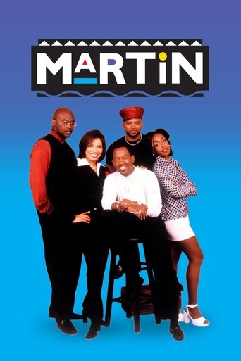 The poster features six diverse characters in a vibrant blue background, with the title "MARTIN" prominently displayed in bold, white letters against a black banner. The characters exude confidence and humor, suggesting a comedic, upbeat tone.