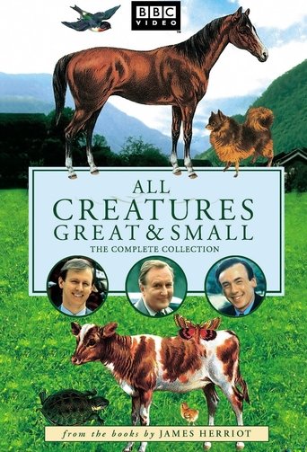 The poster features a majestic brown horse at the top, with a golden retriever and a white cat below. Three portraits of the show's cast are displayed, and the bottom shows a playful cow. The green grassy background and bright colors evoke a cheerful, family-friendly mood.