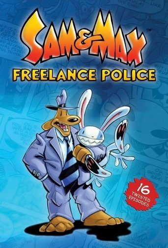 The vibrant blue background features Sam and Max in their signature suits, exuding confidence and humor. Their colorful outfits and confident poses create a lively and engaging atmosphere, while the playful font and red badge emphasize the show's comedic and adventurous tone.